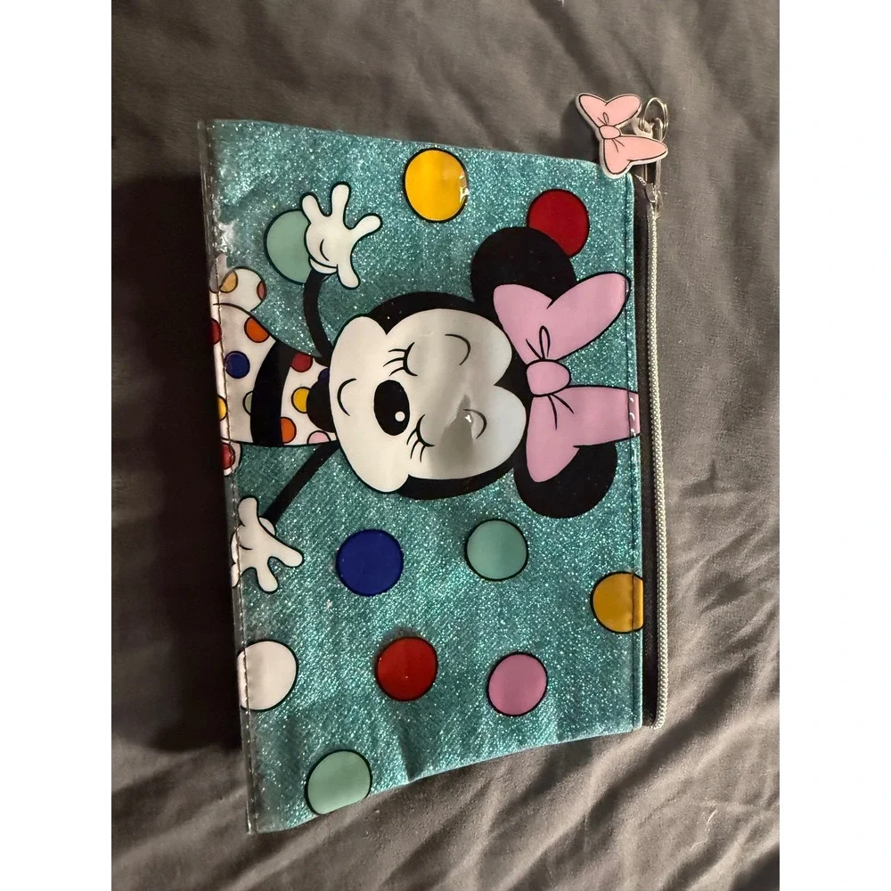 Disney Minnie Mouse Teal Glitter Cosmetic Bag Polka Dot Makeup Pouch Bow Charm